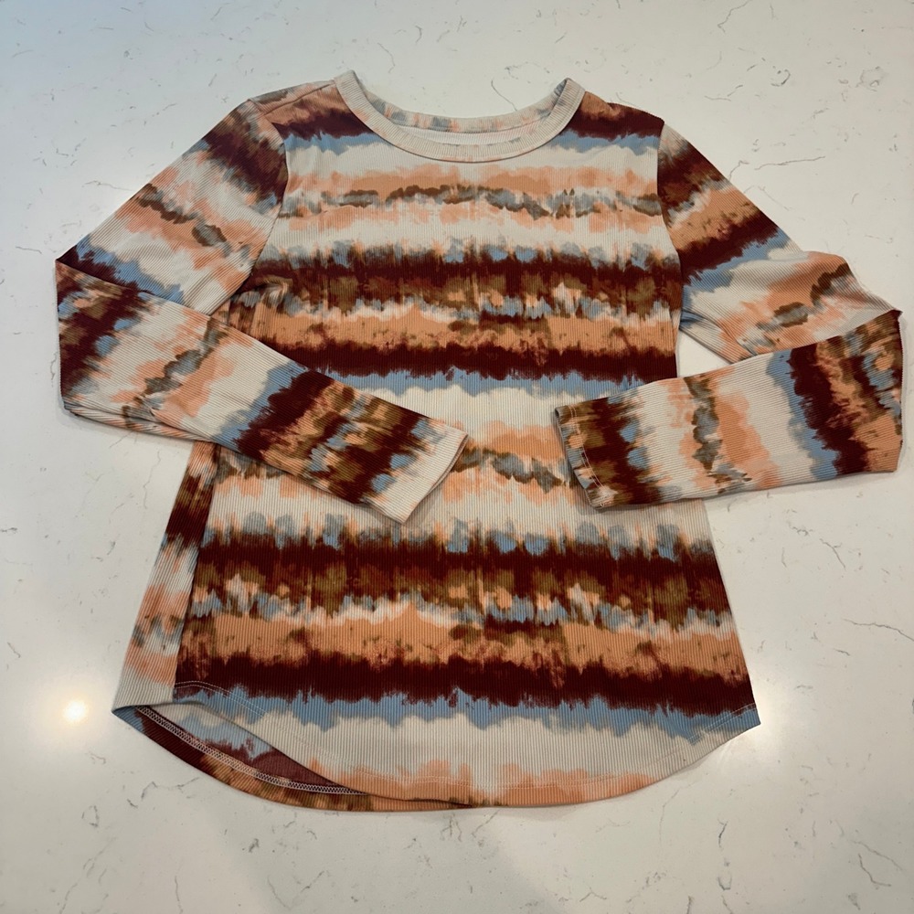 No Boundaries Womens Tie Dye Ribbed Long Sleeve Top Earth Tones Large 11-13